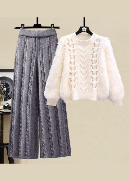 Style Apricot O Neck Sweaters and Skirts Knit Two Pieces Set Spring
