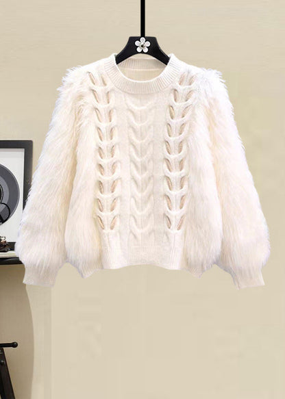 Style Apricot O Neck Sweaters and Skirts Knit Two Pieces Set Spring