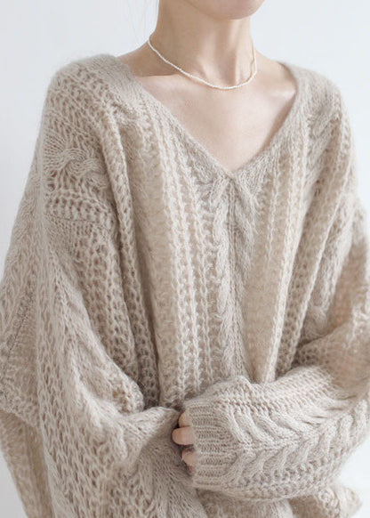 Style Apricot V Neck Chunky Oversized Ma Hai Mao Knitted Tops Spring