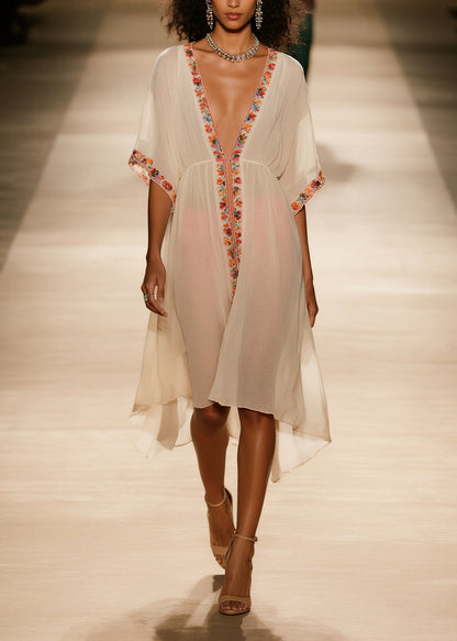 Style Apricot V Neck Cotton Vacation Dresses Summer