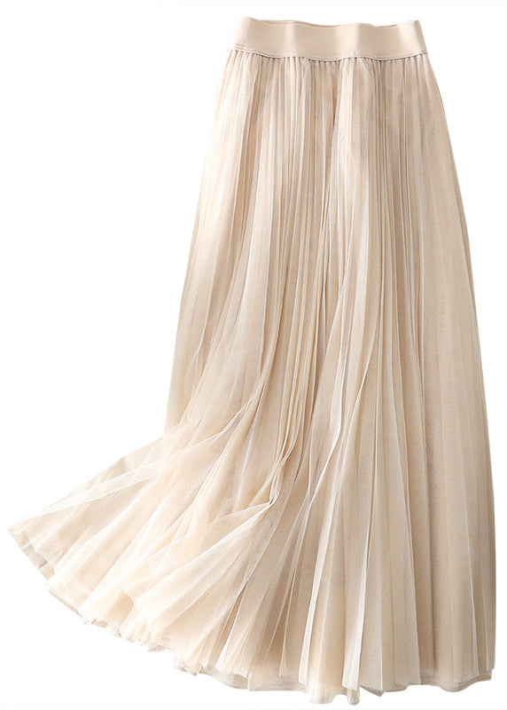 Style Apricot Wrinkled Patchwork Tulle Pleated Skirt Spring