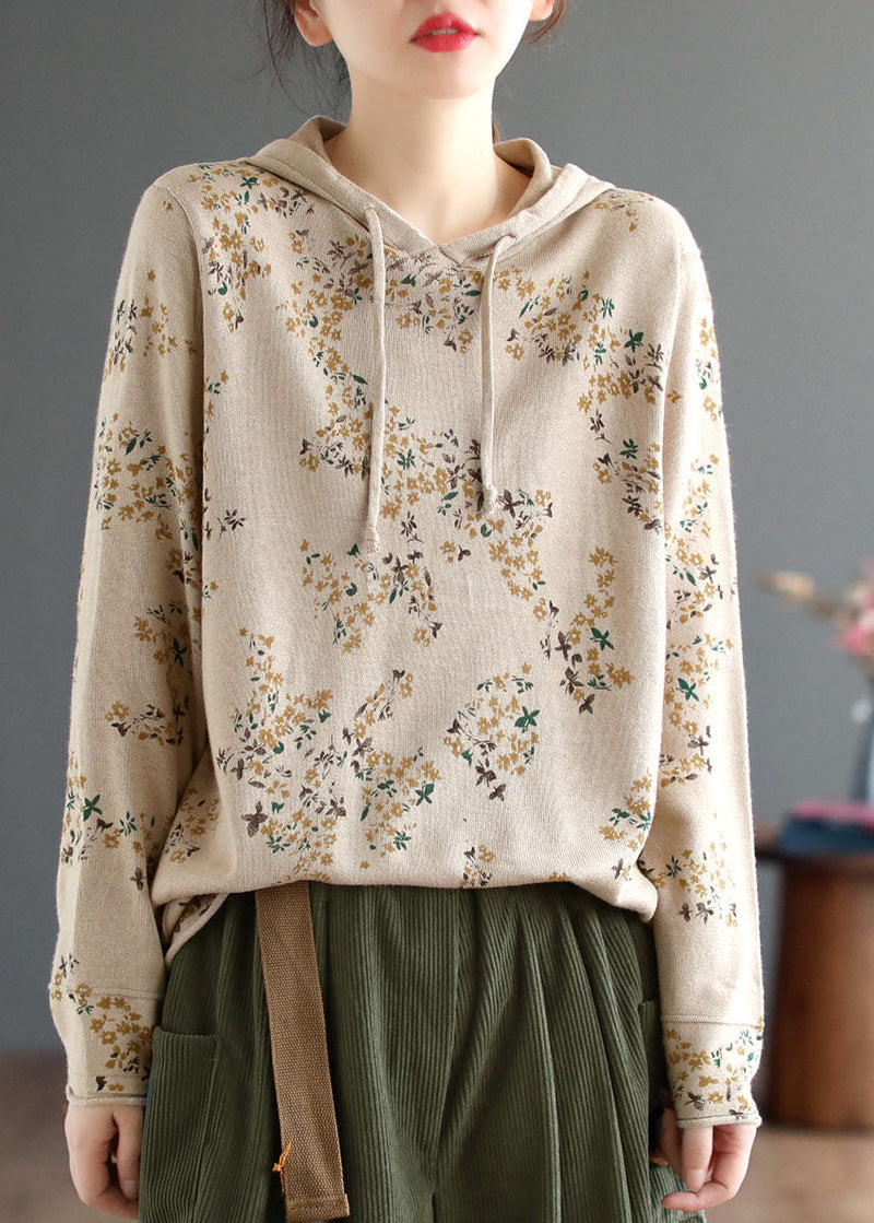 Style Beige Hooded Print Knit Sweatshirts Top Winter
