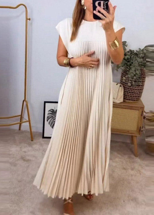 Style Beige O-neck Wrinkled Long Dress Summer