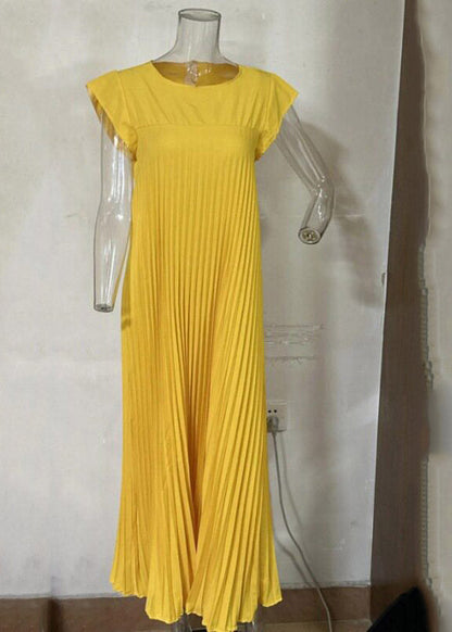 Style Beige O-neck Wrinkled Long Dress Summer