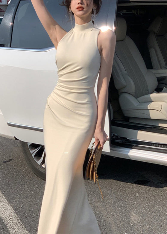 Style Beige Turtleneck Slim Maxi Dress Summer