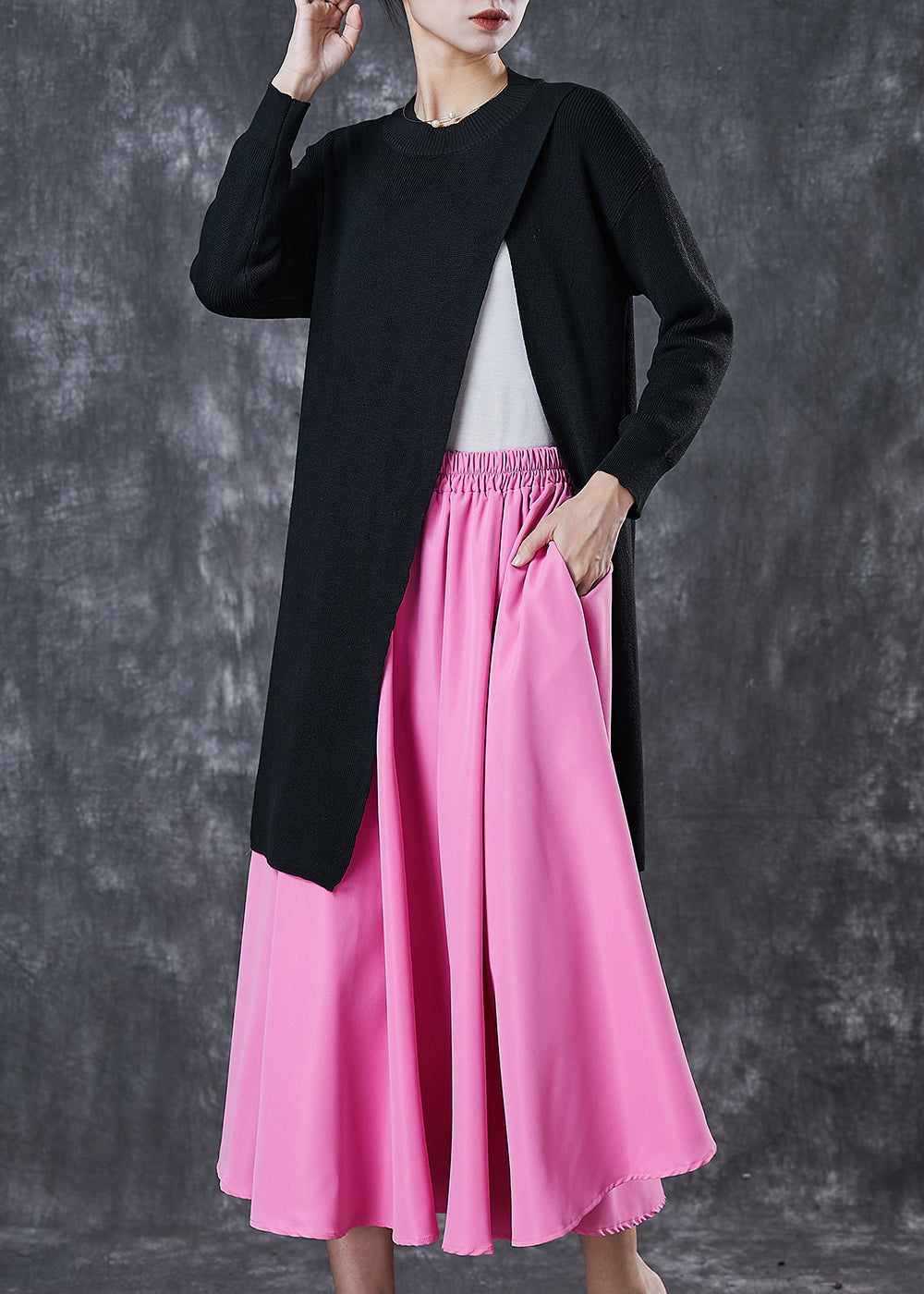 Style Black Asymmetrical Side Open Sweater and Skirt Two Pieces Set Spring