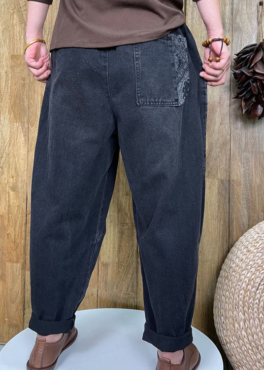 Style Black Button Patch Applique Denim Pants Spring