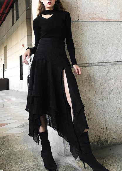Style Black High Waist Side Open Summer Skirt
