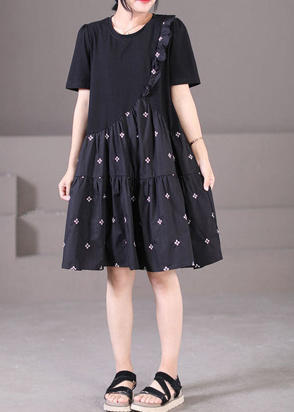 Style Black O-neck Embroideried Ruffled Patchwork Wrinkled Cotton a Line Dress Short Sleeve