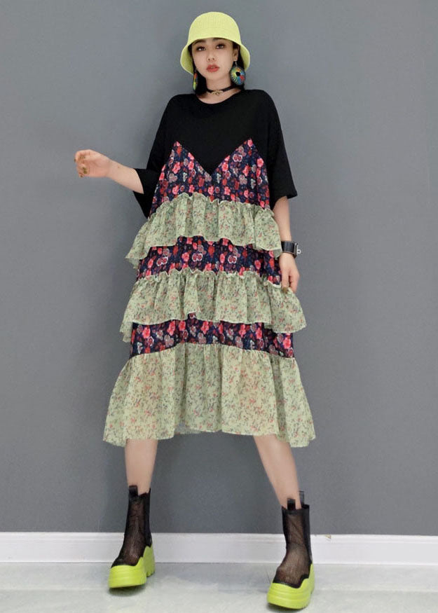 Style Black O-neck Layered Patchwork Ruffles Cotton Robe Dresses Short Sleeve