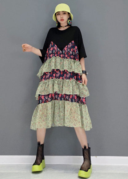 Style Black O-neck Layered Patchwork Ruffles Cotton Robe Dresses Short Sleeve