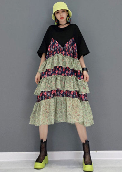 Style Black O-neck Layered Patchwork Ruffles Cotton Robe Dresses Short Sleeve