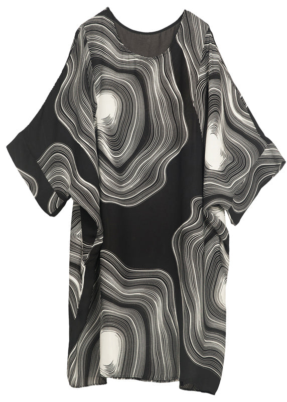 Style Black O-neck Oversized Print Chiffon Robe Dresses Batwing Sleeve