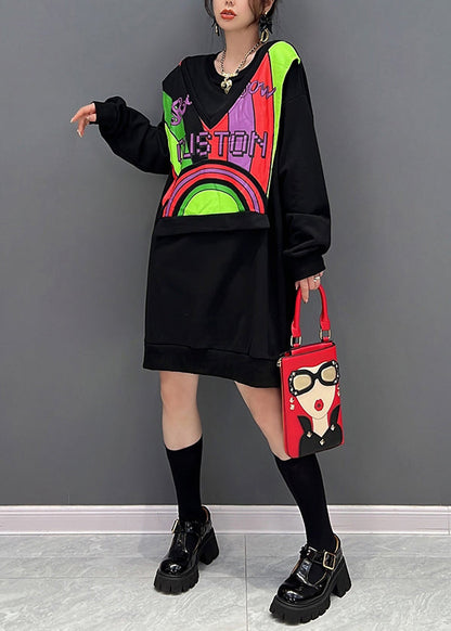 Style Black O-neck Patchwork Fake Two Pieces Cotton Mid Dresses Fall