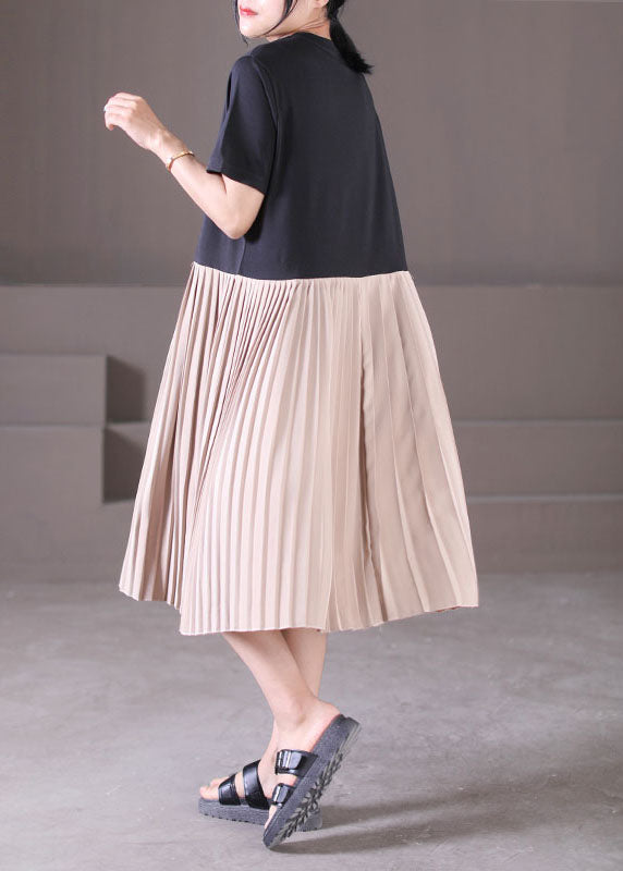 Style Black O-neck Wrinkled Patchwork Chiffon Pleated Dresses Short Sleeve