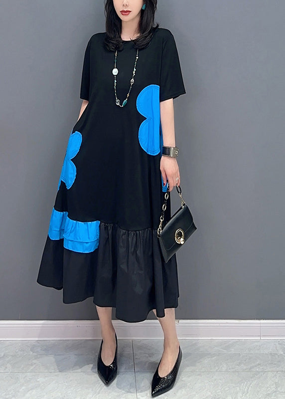Style Black Patchwork Blue O-neck Print Vacation Long Dresses Summer