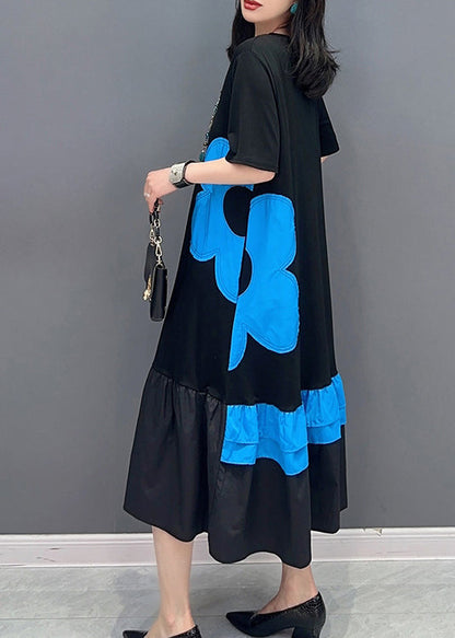 Style Black Patchwork Blue O-neck Print Vacation Long Dresses Summer