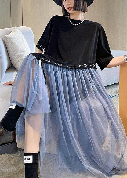 Style Black Patchwork Tulle Maxi Summer Cotton Dress