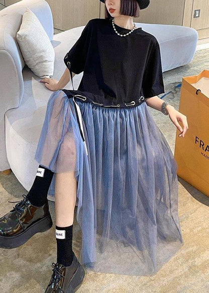 Style Black Patchwork Tulle Maxi Summer Cotton Dress