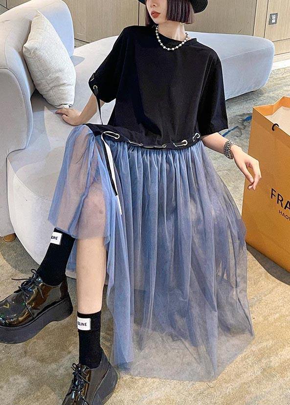 Style Black Patchwork Tulle Maxi Summer Cotton Dress