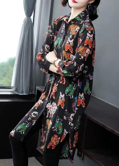 Style Black Peter Pan Collar Animal Print Patchwork Chiffon Shirts Summer