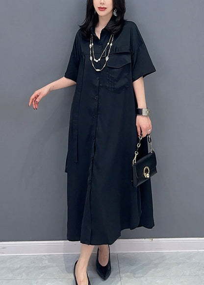 Style Black Peter Pan Collar Button Maxi Shirts Dress Summer