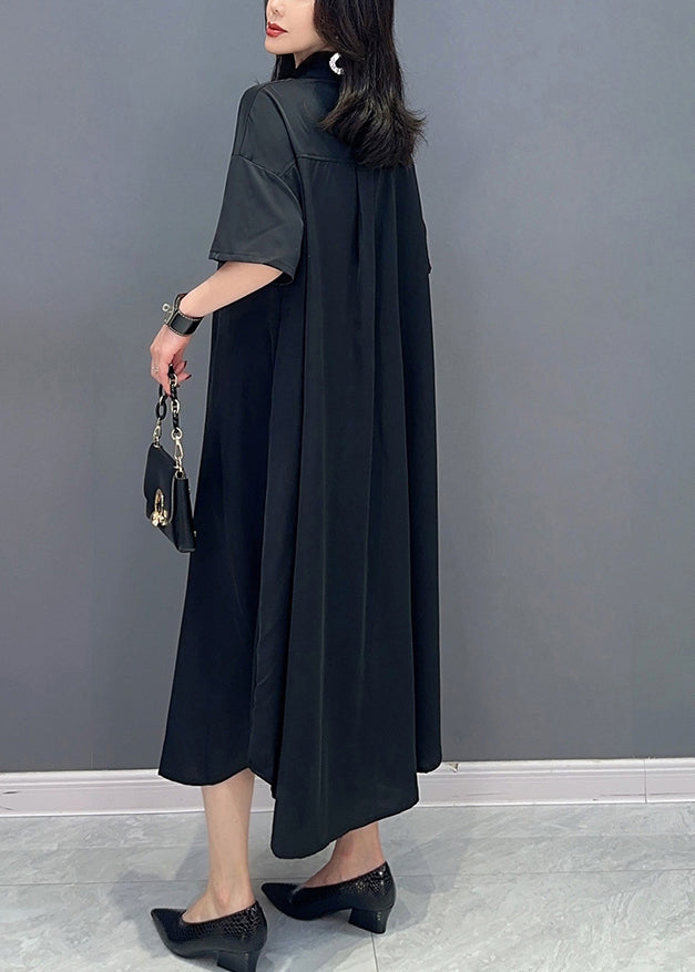 Style Black Peter Pan Collar Button Maxi Shirts Dress Summer