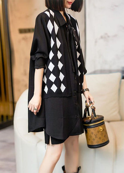 Style Black Peter Pan Collar Patchwork False Two Pieces Cotton Shirt Top Long Sleeve