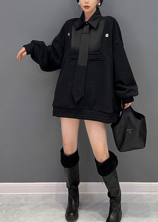 Style Black Peter Pan Collar Patchwork Knit Fake Two Piece Sweater Winter