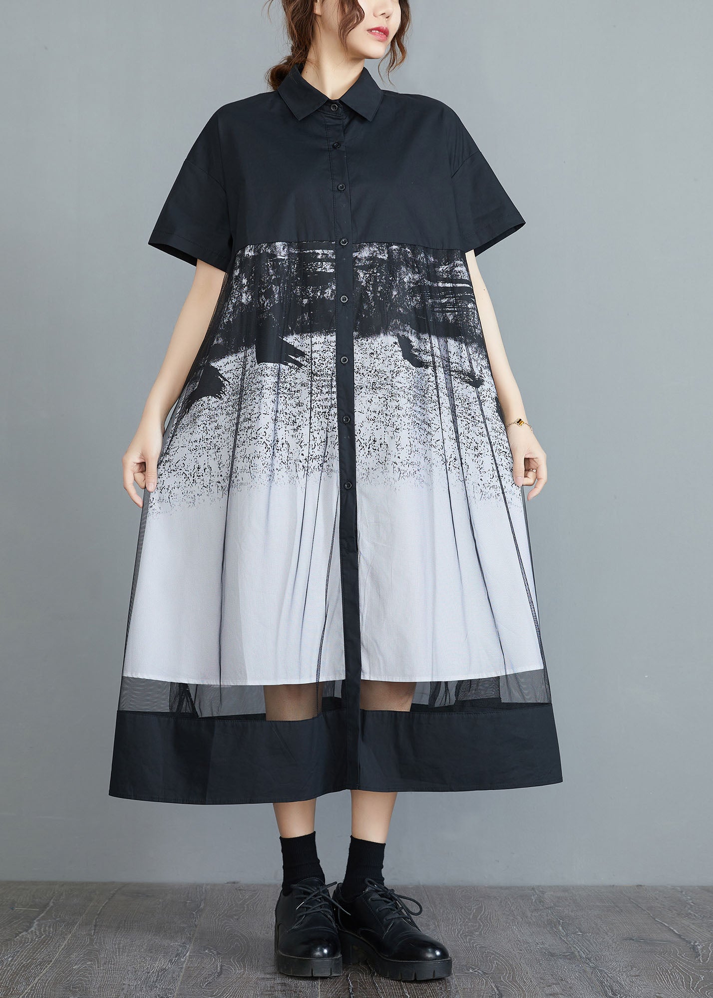 Style Black Peter Pan Collar Tulle Patchwork Cotton Maxi Dresses Short Sleeve