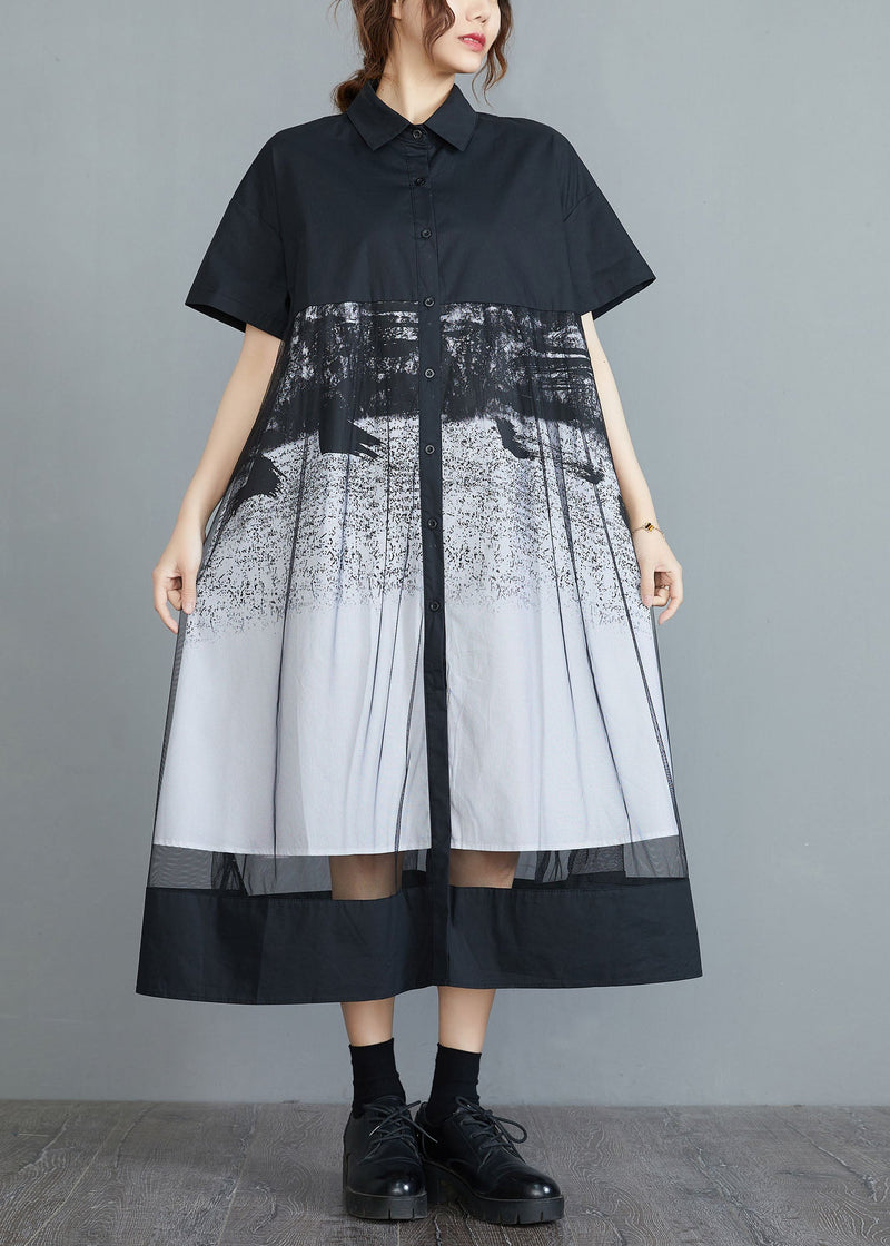 Style Black Peter Pan Collar Tulle Patchwork Cotton Maxi Dresses Short Sleeve