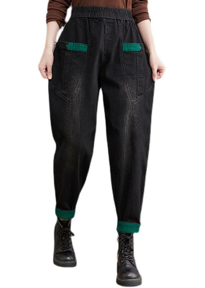 Style Black Pockets Patchwork Denim Pants Spring