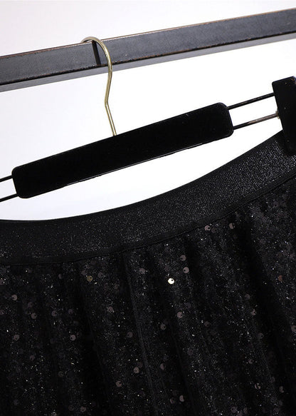 Style Black Sequinselastic Waist Patchwork Tulle Pleated Skirt Fall