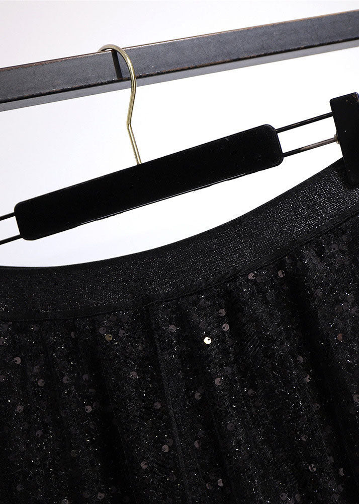 Style Black Sequinselastic Waist Patchwork Tulle Pleated Skirt Fall