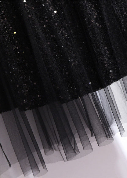 Style Black Sequinselastic Waist Patchwork Tulle Pleated Skirt Fall