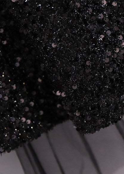 Style Black Sequinselastic Waist Patchwork Tulle Pleated Skirt Fall
