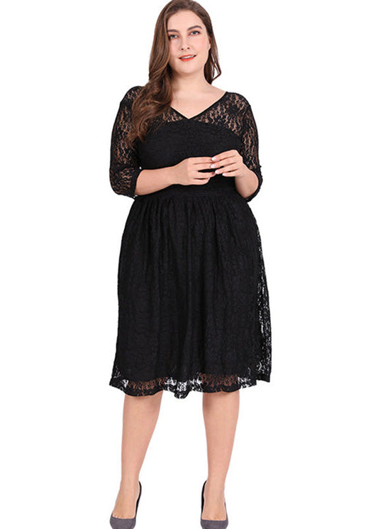 Style Black V Neck Lace Mid Dresses Summer