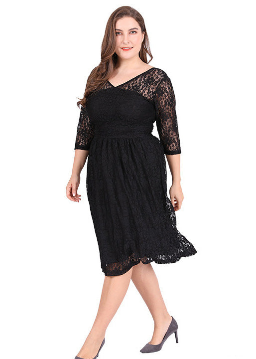 Style Black V Neck Lace Mid Dresses Summer