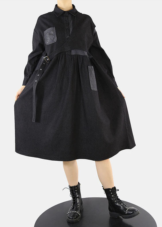 Style Black Asymmetrical Design Cinched Peter Pan Collar Denim Dress Spring