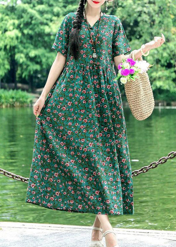 Style Blackish Green O-neck Print Wrinkled Linen Dress Short Sleeve