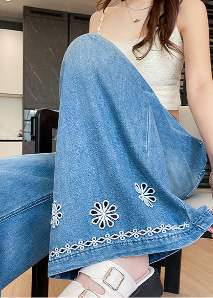 Style Blue Embroidered Hollow Out Denim Straight Pants Fall