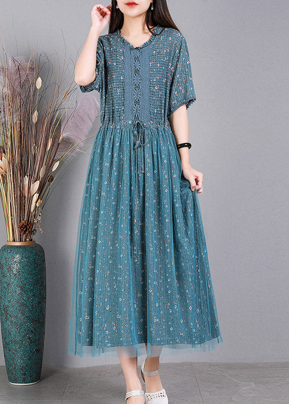 Style Blue Embroideried Ruffles Tulle Long Dresses Short Sleeve