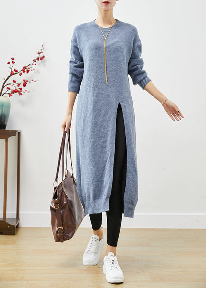 Style Blue Grey O-neck Side Open Knit Long Dress Fall