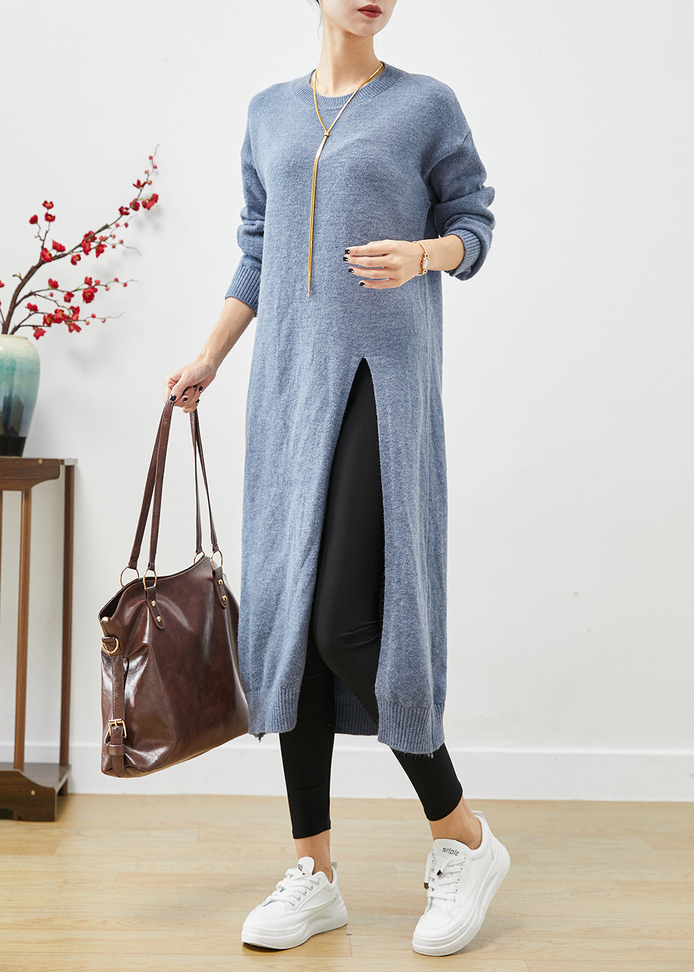 Style Blue Grey O-neck Side Open Knit Long Dress Fall