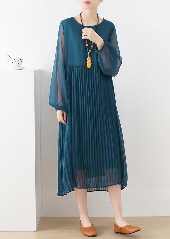 Style Blue Long Sleeve Chiffon O-neck Summer Dresses