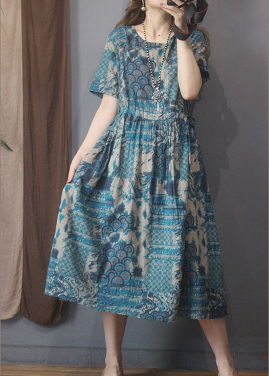 Style Blue O-neck Tie Waist Print Linen Dress Short Sleeve