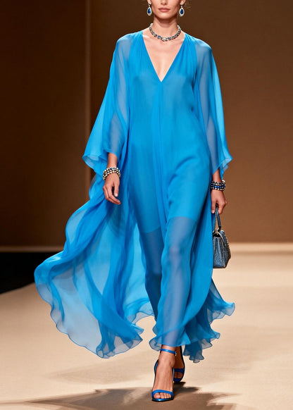 Style Blue Oversized Draping Chiffon Maxi Dress Summer