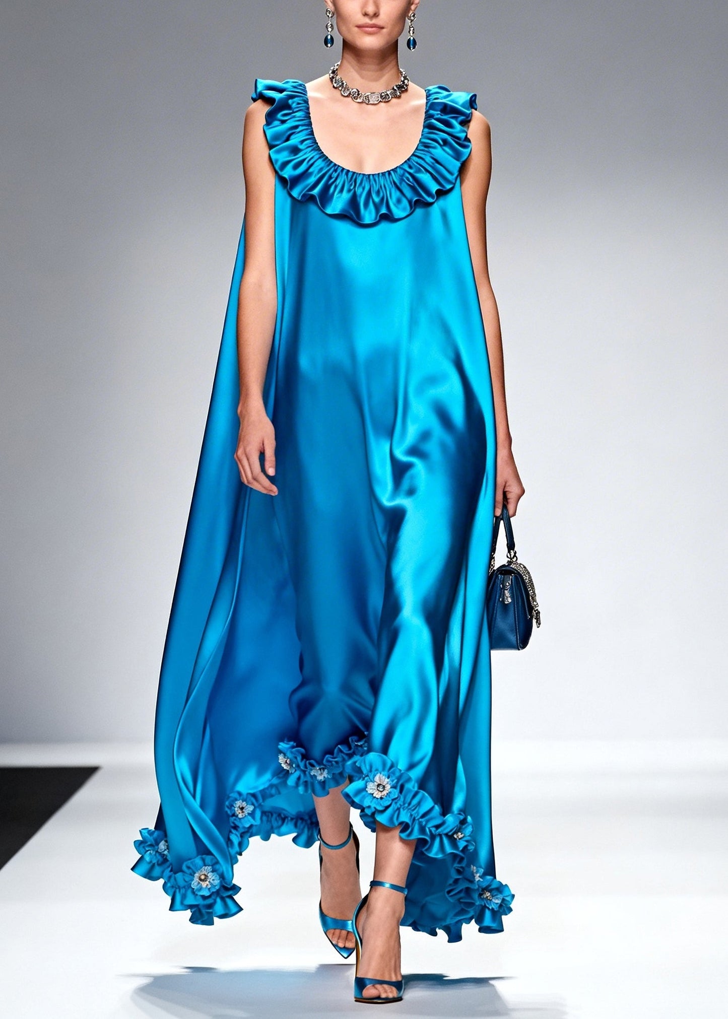Style Blue Ruffled Silk Robe Dresses Sleeveless