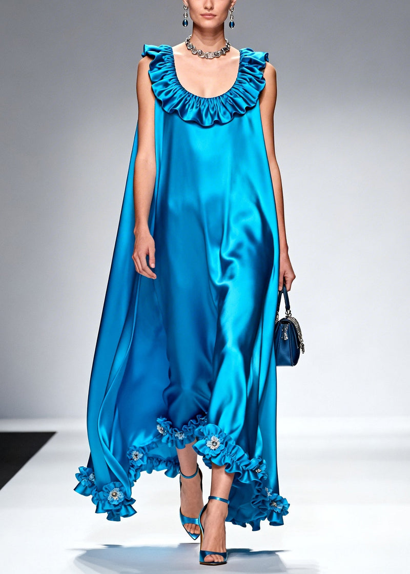 Style Blue Ruffled Silk Robe Dresses Sleeveless