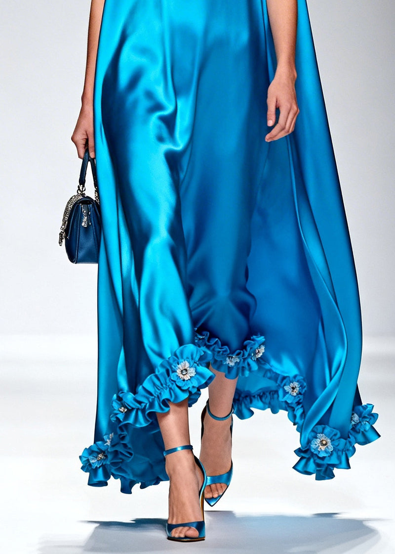 Style Blue Ruffled Silk Robe Dresses Sleeveless